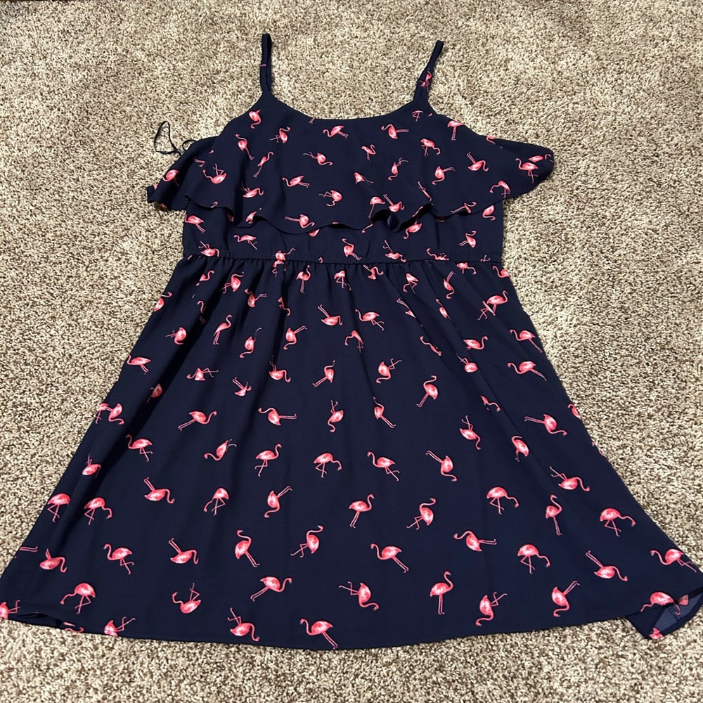 Navy Ellle Dress with Pink Flamingo Print